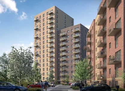 Exterior of tall modern apartment building