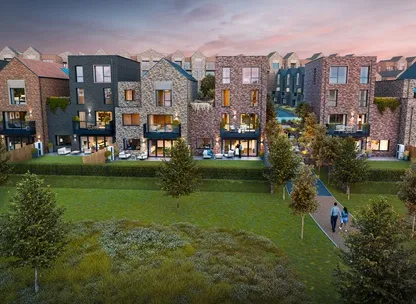 Aerial view of a modern home development at sunset