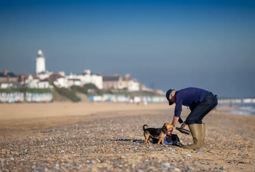 A man walking a small dog on a stoney beach in the sun