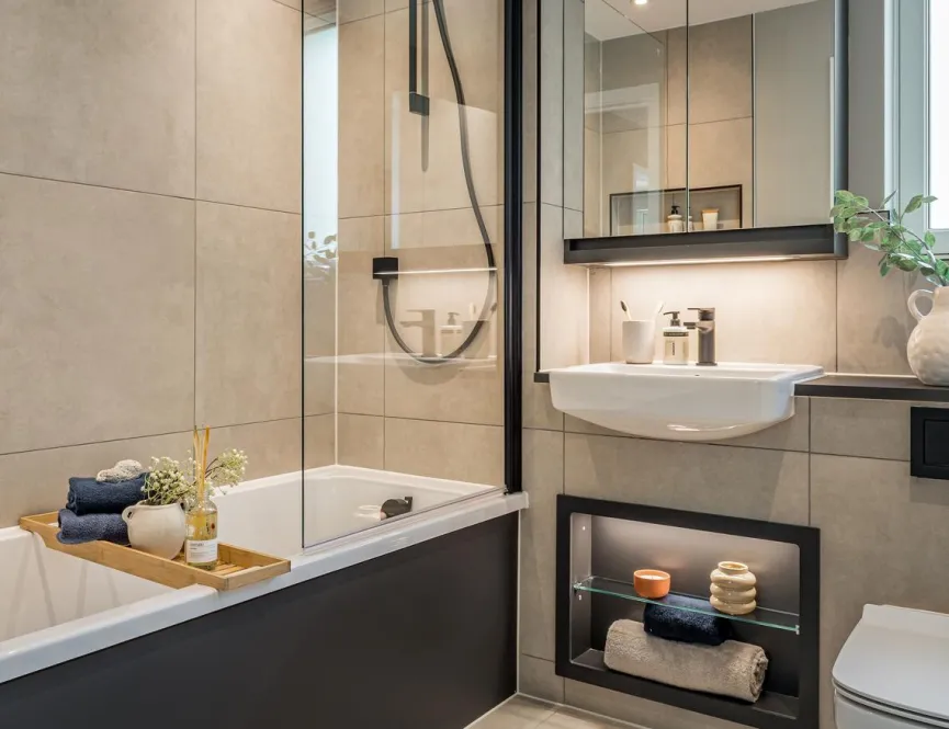 Interior view of a bathroom at North Gate Park New Build Flexible Living development by Hill