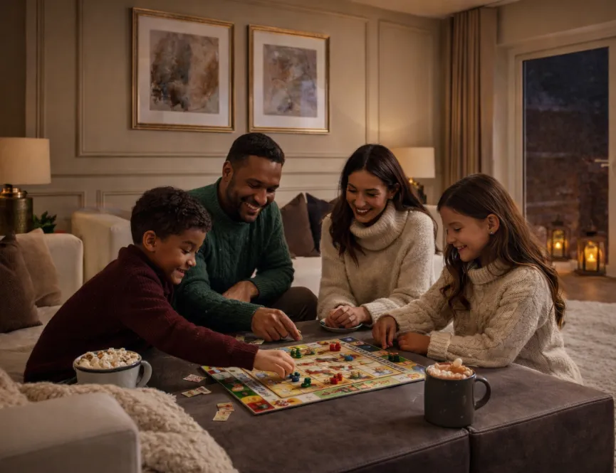 Family playing board games at Hartley Acres
